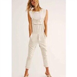 FREE PEOPLE SEEKER Hemp Tapered Overall Jumpsuit in Natural Cream Minimal Medium